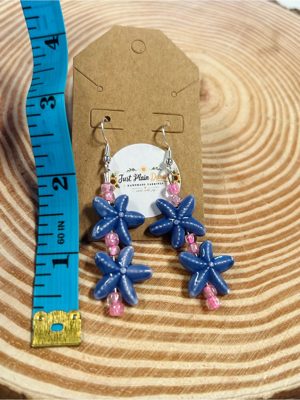 Blue Starfish Dangle Earrings Pink Beaded ocean Cottagecore Boho Jewelry - Picture 3 of 3